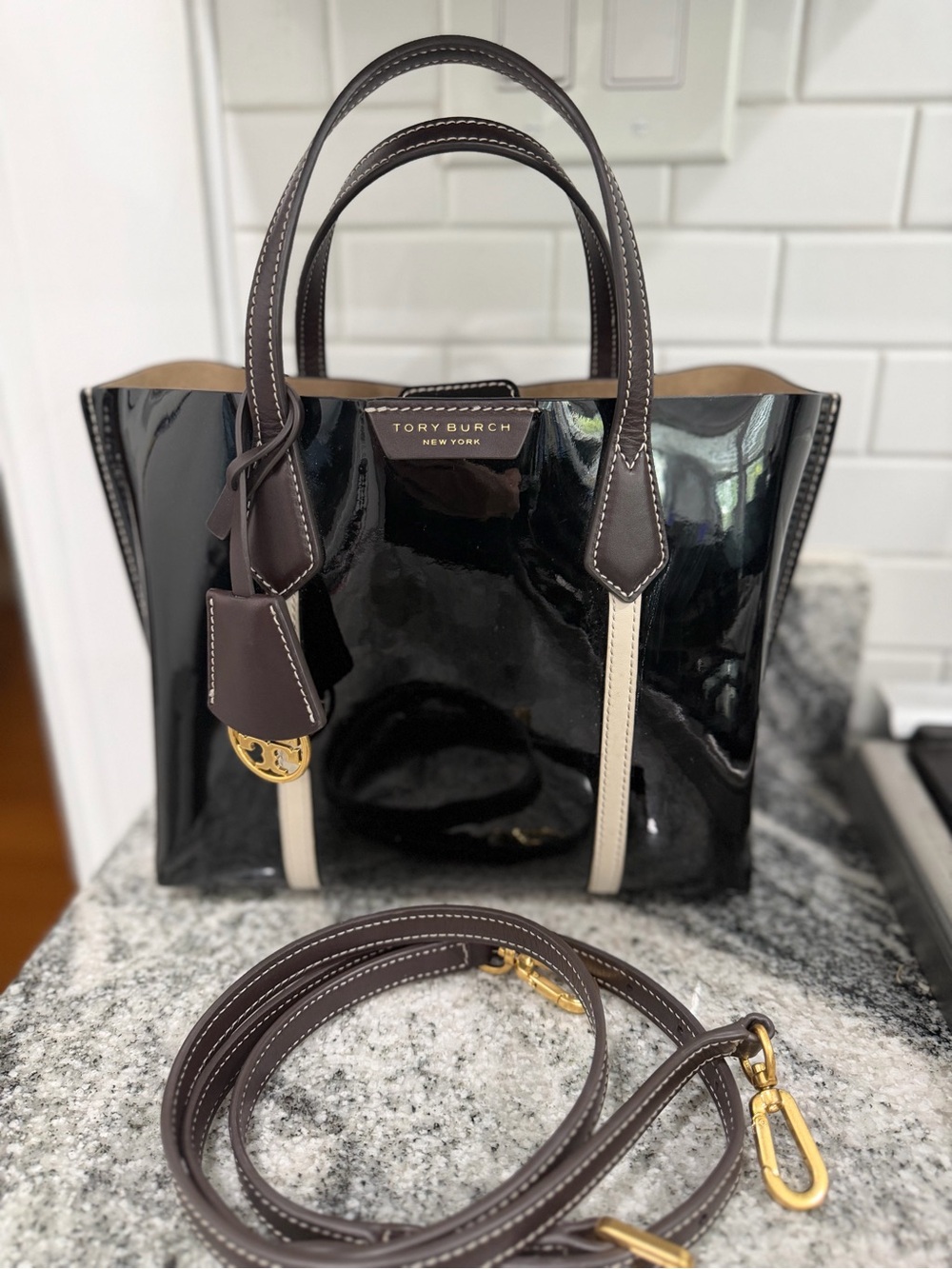 Tory Burch Small Perry Black Patent Triple Compartment Tote Like New/EUC